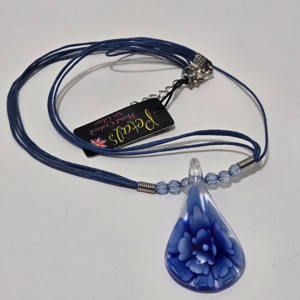 Handmade Art Glass Blue Floral Pendant Necklace Cottagecore Flower Jewelry